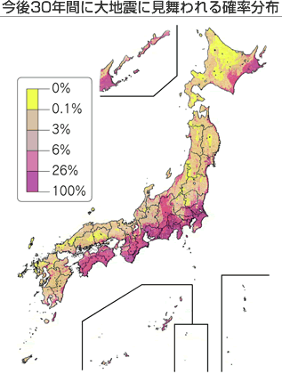 今後30年間に大地震に見舞われる確率分布